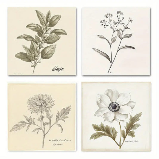 4pcsVintage Flower Boho Minimalist Floral  Wall Art Canvas Framed