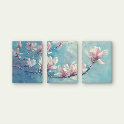 3pcs Pink Magnolias on Blue Background Wall Art Set Canvas Framed 40x60cm - High Quality Print 100% Australian Made Wall Canvas Ready to Hang