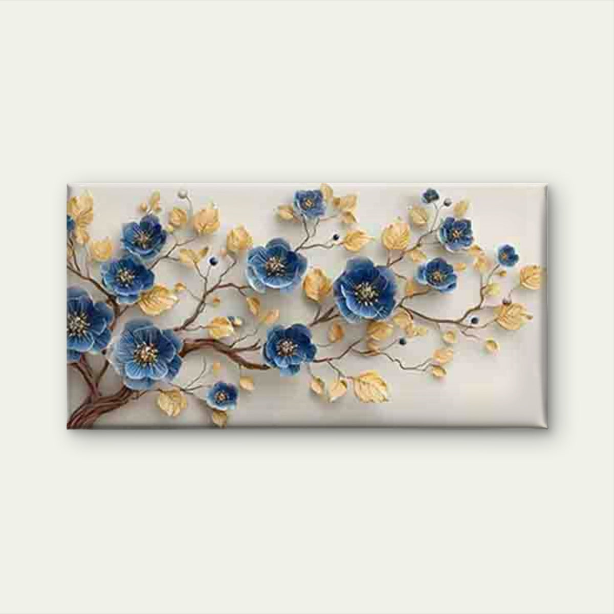Blue Flower And Golden Leaf Wall Art Canvas Office Home Room Framed 120x60cm