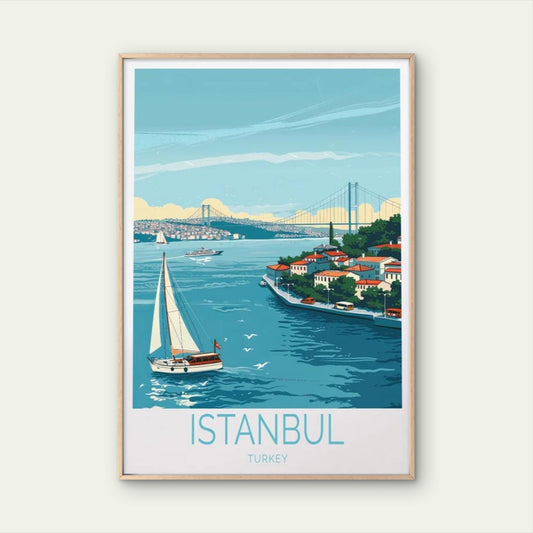 Istanbul Turkey, Sail Boats & Bridge Art Travel Poster Print Wall Art