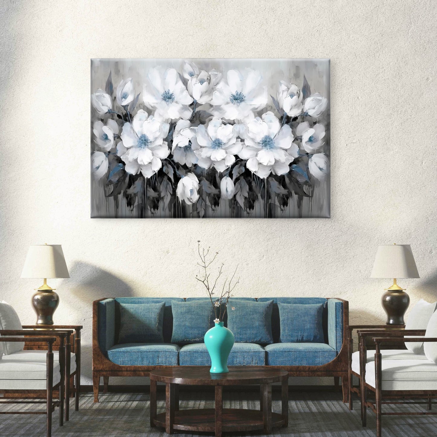 Blue Toned White Flowers Black and White Wall Art Decor 100% Australian Made