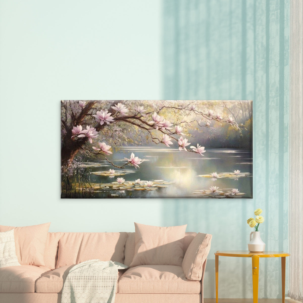 Blossoms Over Serene Lake Wall Art Canvas Office Home Room Framed 120x60cm