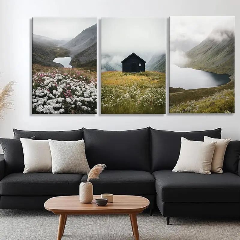 3pcs Tranquil Mountain Misty Lake and Flower Field Metal Print Ready to Hang Art
