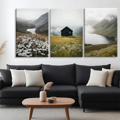 3pcs Tranquil Mountain Misty Lake and Flower Field Metal Print Ready to Hang Art
