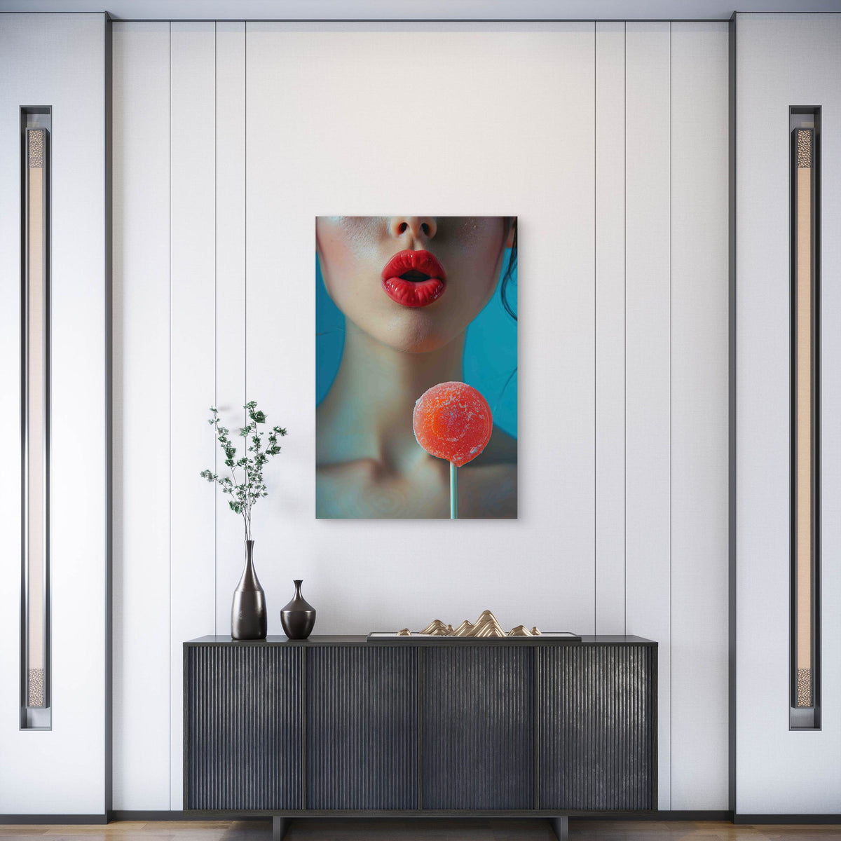 Woman With Red Lips Holding Lollipop Metal Print Ready to Hang