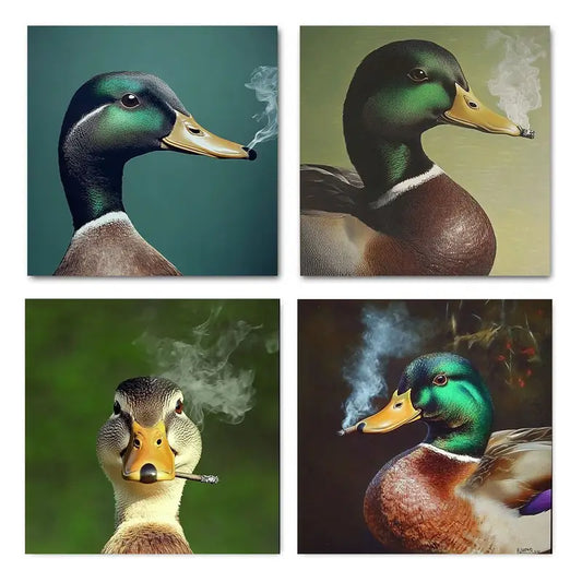 4pcs Funny Mallard Smoking Cigarette Vintage Duck Wall Art Canvas Framed