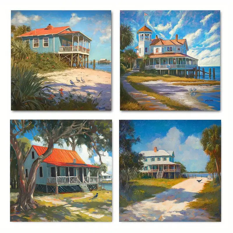 4pcs  Waterfront Sea Beach Hut Coconut Tree Wall Art Canvas Framed