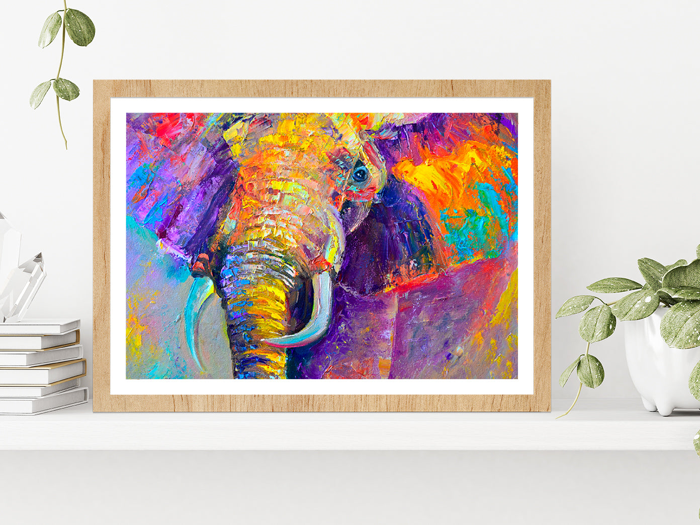 Colorful Elephant Painting Glass Framed Wall Art, Ready to Hang Quality Print With White Border Oak