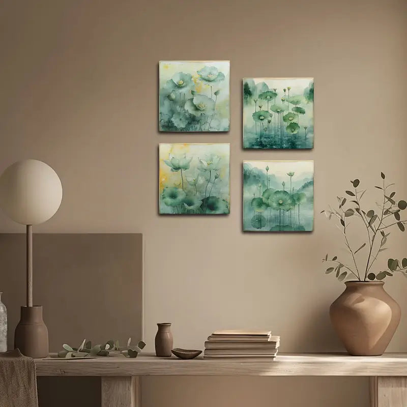 4pcs Lotus Green Leaves Wall Art Canvas Framed