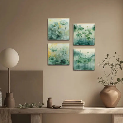 4pcs Lotus Green Leaves Wall Art Canvas Framed