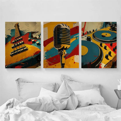 3pcs Colorful Musical Instrument Retro Turntables Metal Print Ready to Hang Art