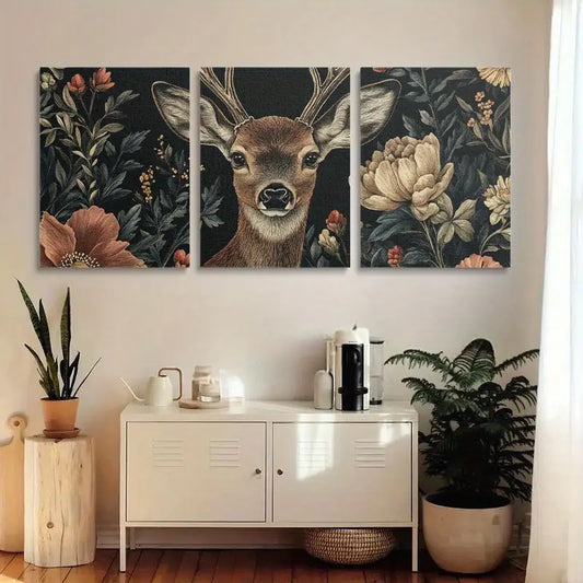 3pcs Nature Scene with Stag and Wildflowers & Deer Metal Print Ready to Hang Art