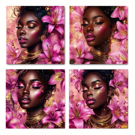 4pcs Golden Circle Flower Woman Wall Art Canvas Framed