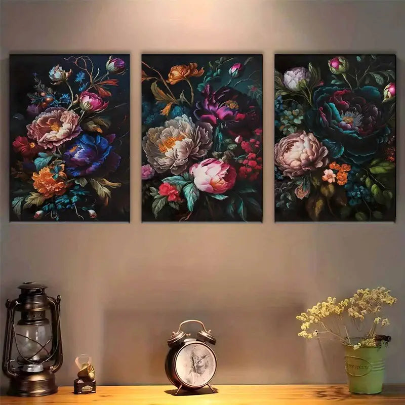 3pcs Dark Green & Multicolor Large Peony Panels Metal Print Ready to Hang Art