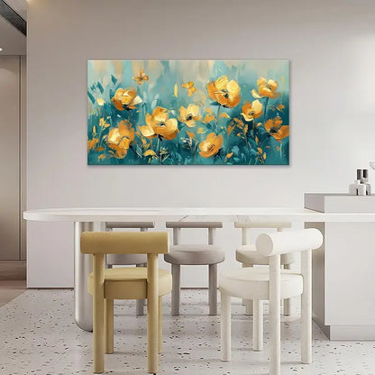 Abstract Flowers Teal & Golden Floral Butterfly Wall Art canvas office home room framed 120x60cm