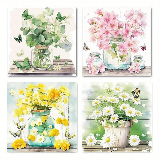 4pcs  Modern Abstract Floral & Butterfly  FH  Wall Art Canvas Framed