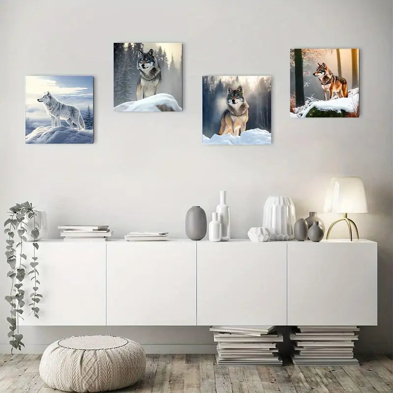 4pcs Nordic Art Wolf Snow Mountai Themed Wall Art Canvas Framed