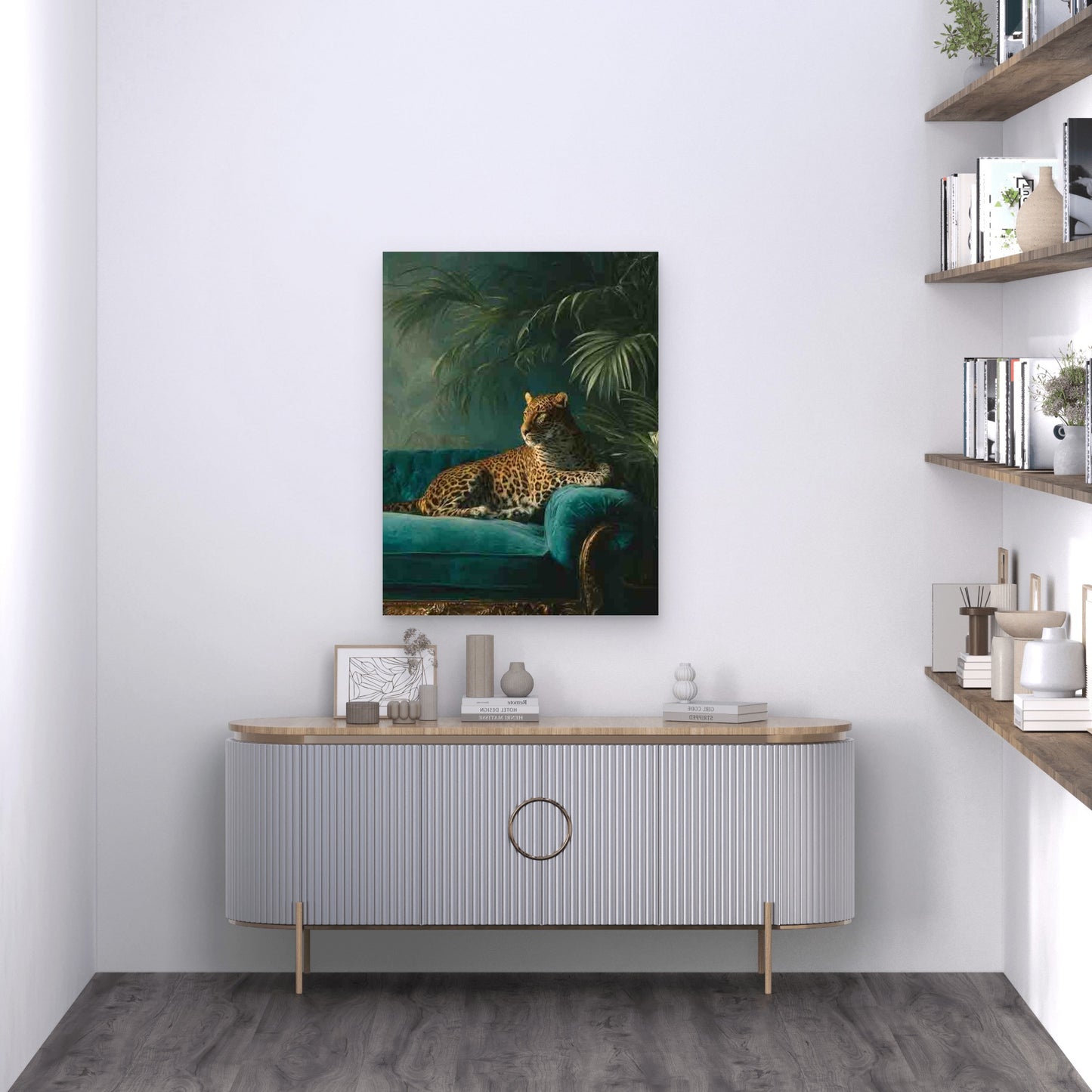 Leopard on Velvet Couch 60x90cm Metal Print Ready to Hang