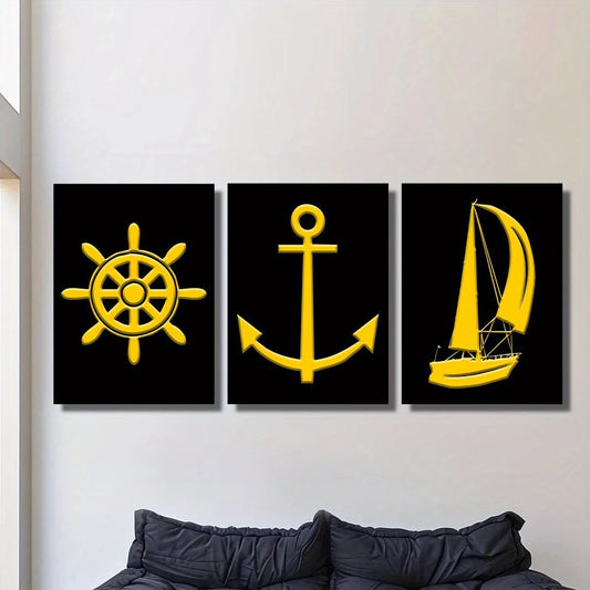 3pcs Yellow anchor, sailboat, Golden nautical silhouette Metal Print Ready to Hang Art