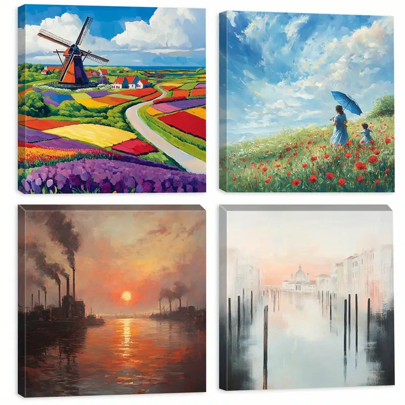 4pcs Windmill, Floral Fields & Wildflowers   Wall Art Canvas Framed