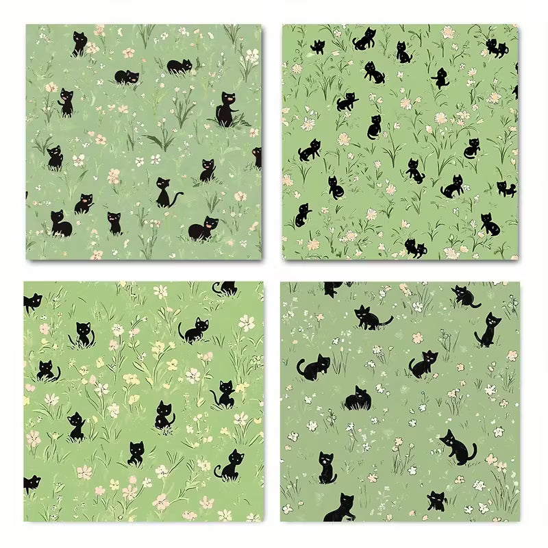 4pcs Green Green Pink Cat Themed Wall Art Canvas Framed