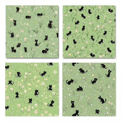 4pcs Green Green Pink Cat Themed Wall Art Canvas Framed