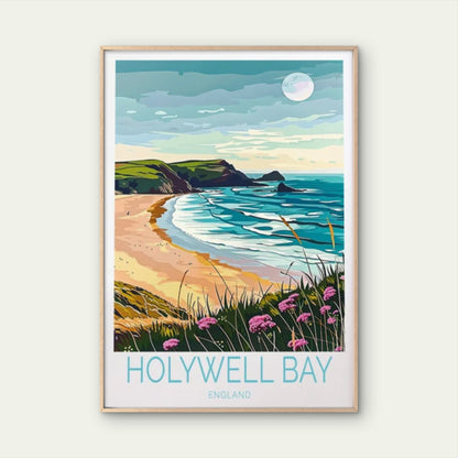 Holywell Bay England, Beach and Moon Travel Poster Print Wall Art