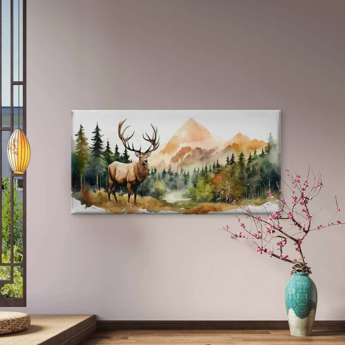 Deer in a Forest Mountain Scen Wall Art Canvas Office Home Room Framed 120x60cm