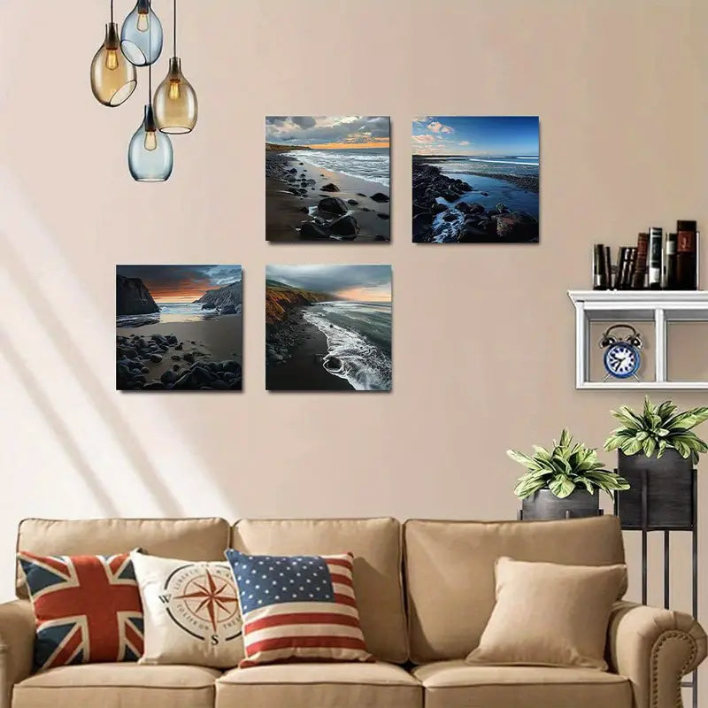 4pcs Sunset Beach & Ocean Scenery, Wall Art Canvas Framed