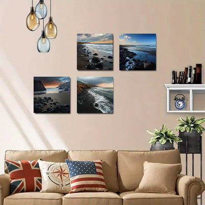 4pcs Sunset Beach & Ocean Scenery, Wall Art Canvas Framed