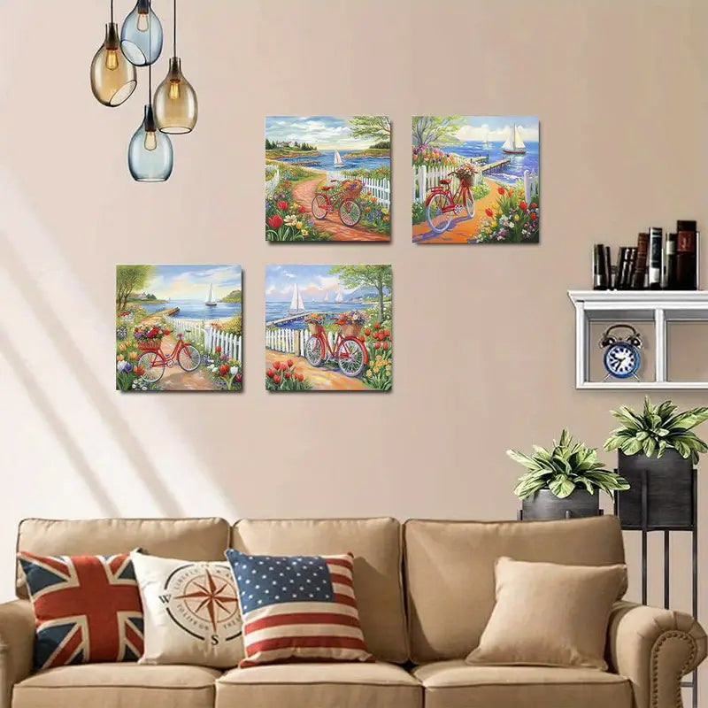 4pcs Vintage Bike Path   Tulips & Sailboats   Wall Art Canvas Framed