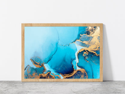 Blue Abstract Marble Liquid Art Glass Framed Wall Art, Ready to Hang Quality Print Without White Border Oak