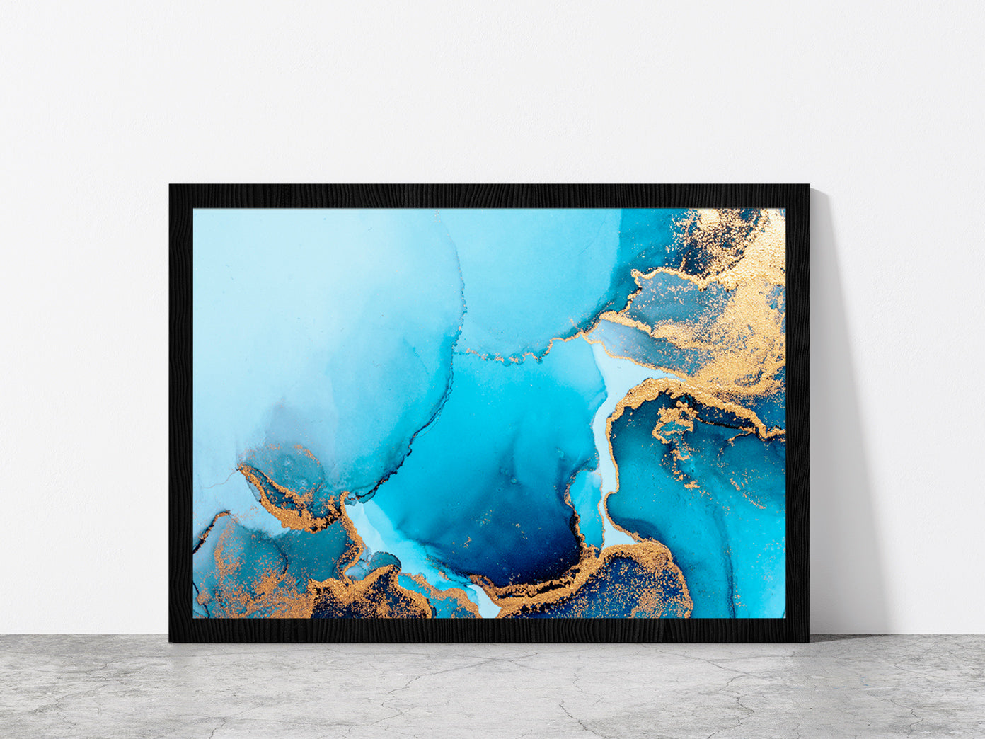 Blue Abstract Marble Liquid Art Glass Framed Wall Art, Ready to Hang Quality Print Without White Border Black