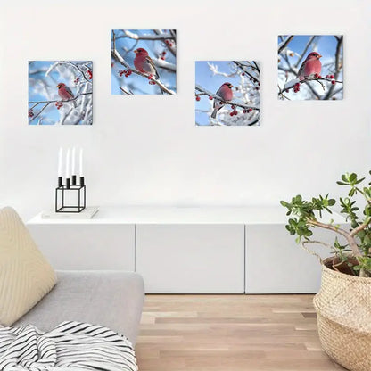 4pcs   Birds Red Cardinal on Snowy Branch   Wall Art Canvas Framed