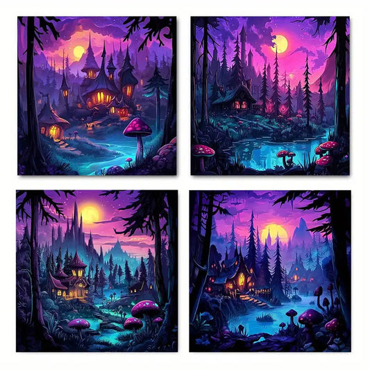 4pcs  Mystical Purple Twilight Scenery with Gin   Wall Art Canvas Framed
