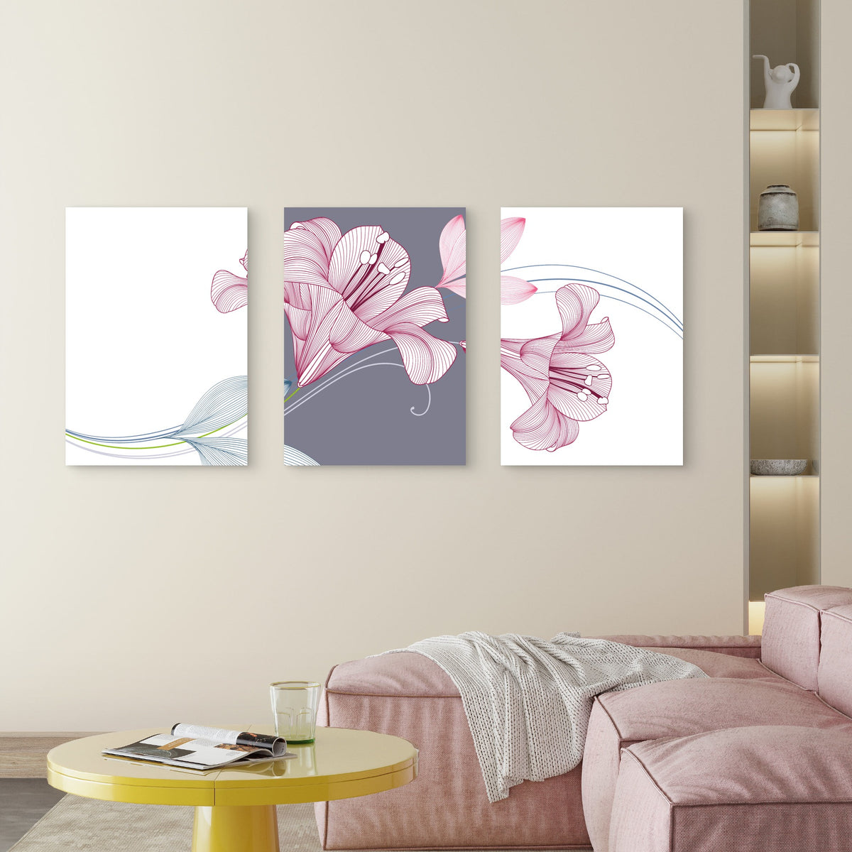 3pcs Pink Lily Amaryllis Floral Line Art Wall Art Set Canvas Framed 40x60cm - High Quality Print 100% Australian Made Wall Canvas Ready to Hang