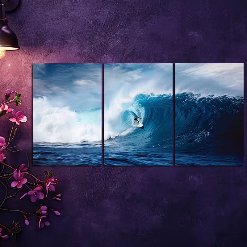 3pcs Extreme Surfing Theme Wall Art Set Canvas Framed 50x70cm - High Quality Print 100% Australian Made Wall Canvas Ready to Hang