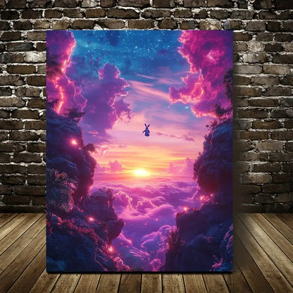 Whimsical Rabbit & Glowing Sunset Sky Painting 40x60cm Metal Print Ready to Hang