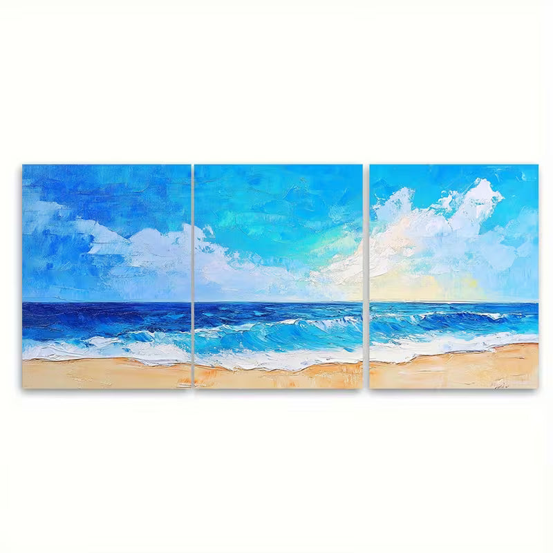 3pcs Abstract Blue Ocean Coastal Painting Metal Print Ready to Hang Art