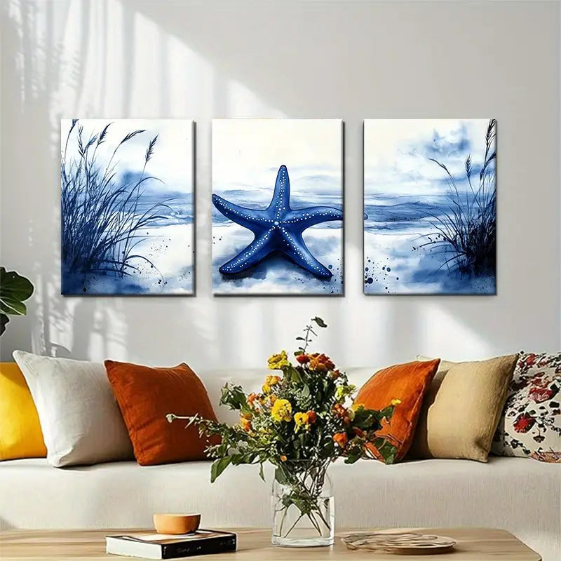 3pcs Tranquil Blue Sea and Grass Starfish Metal Print Ready to Hang Art