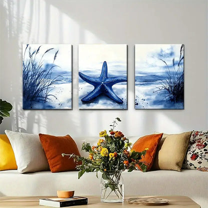 3pcs Tranquil Blue Sea and Grass Starfish Metal Print Ready to Hang Art