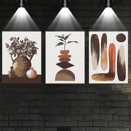 3pcs Nature & Geometry Oil Painting Brown Pot Metal Print Ready to Hang Art