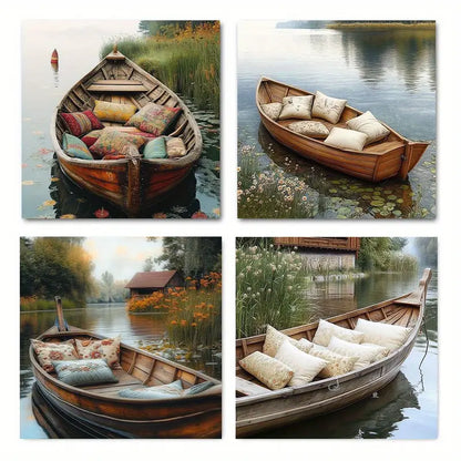 4pcs  Country Serenity Sailboat reed house Wall Art Canvas Framed