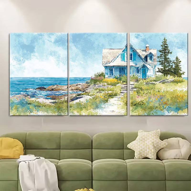 Watercolor Beach House Ocean Seascape Wall Art Set Canvas Framed 40x60cm - High Quality Print 100% Australian Made Wall Canvas Ready to Hang