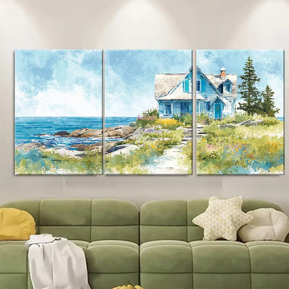 Watercolor Beach House Ocean Seascape Wall Art Set Canvas Framed 40x60cm - High Quality Print 100% Australian Made Wall Canvas Ready to Hang