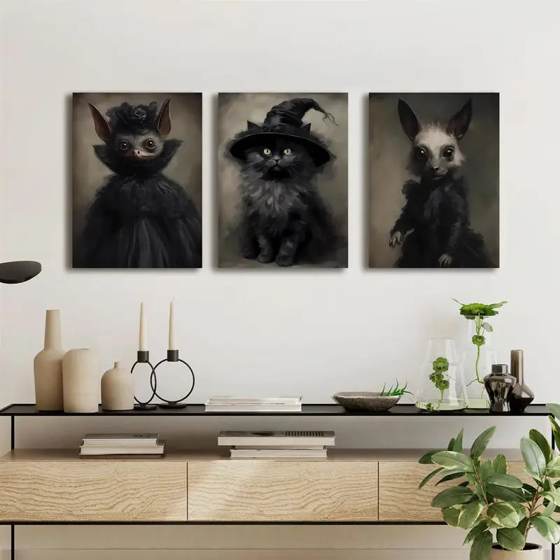 3pcs Dark School Bat Black Cat Chupacabra Metal Print Ready to Hang Art