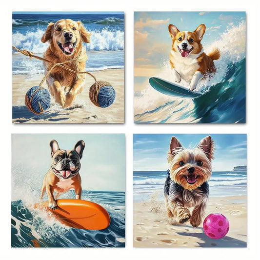 4pcs Funny Dog Surfing & Beach Scene Wall Art Canvas Framed