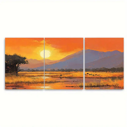 3pcs Mana Pools Zimbabwe Sunset Landscape Wall Art Set Canvas Framed 60x90cm - High Quality Print 100% Australian Made Wall Canvas Ready to Hang