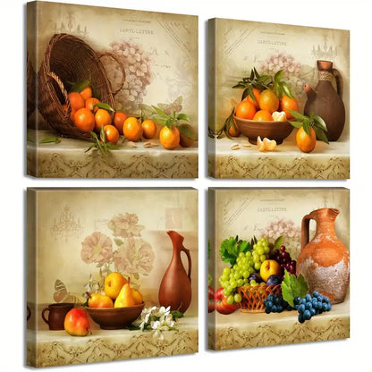 4pcs Vintage Theme Fruit Pictures Farmhouse Wall Art Canvas Framed