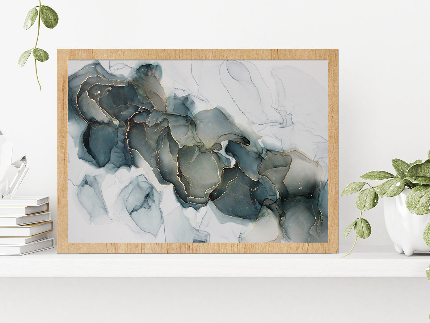 Grey & Gold Abstract Painting Glass Framed Wall Art, Ready to Hang Quality Print Without White Border Oak